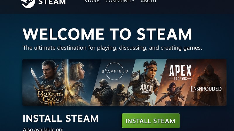steam官网首页下载界面展示，蒸汽平台客户端一键安装入口